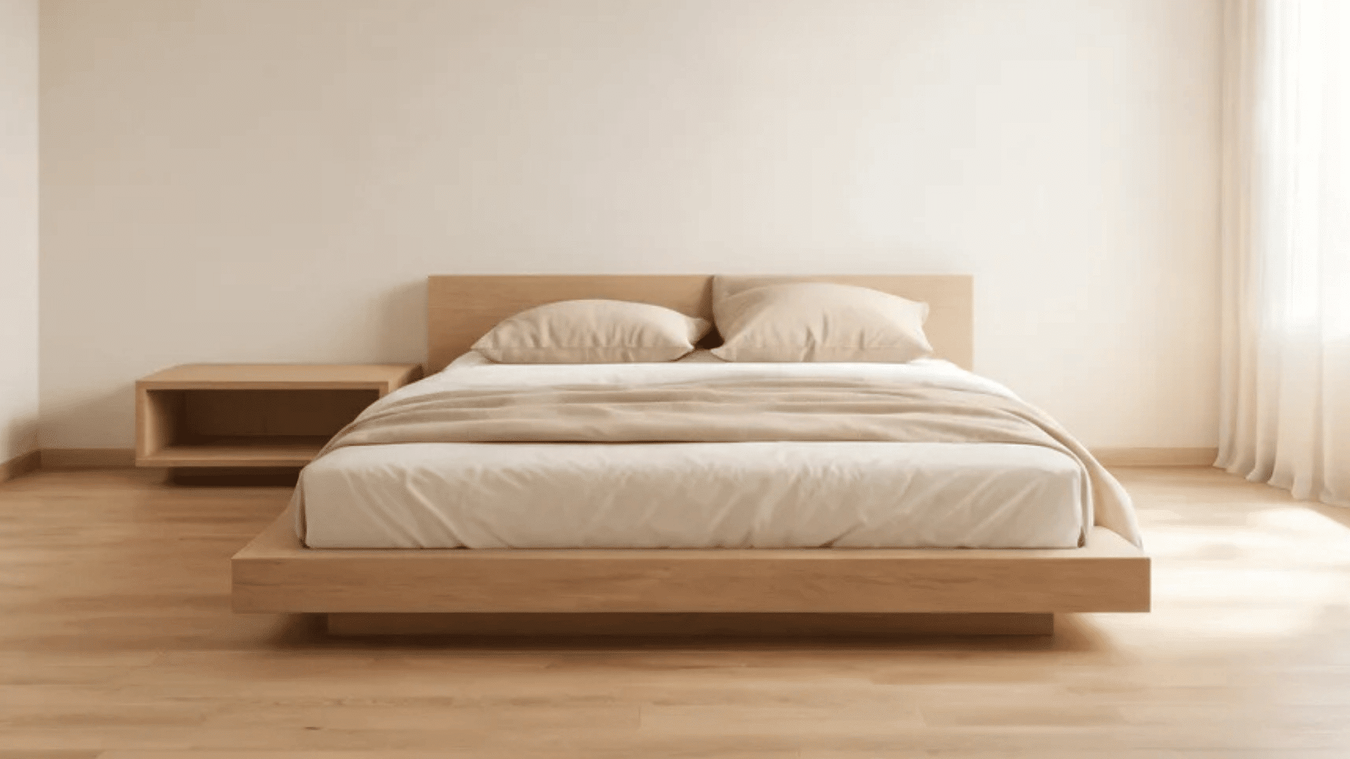 low wooden bed with beige bedding and small side table in sunlit minimalist bedroom