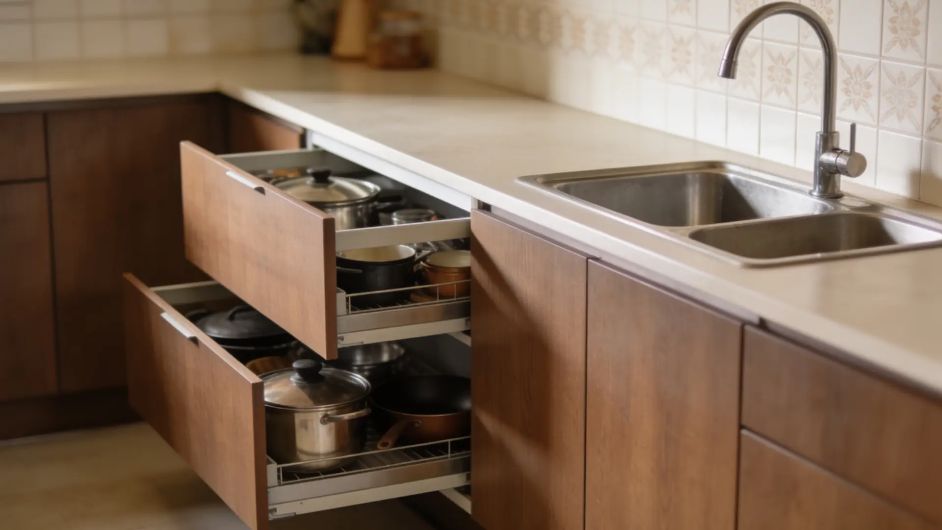 lower kitchen cabinets below the countertop