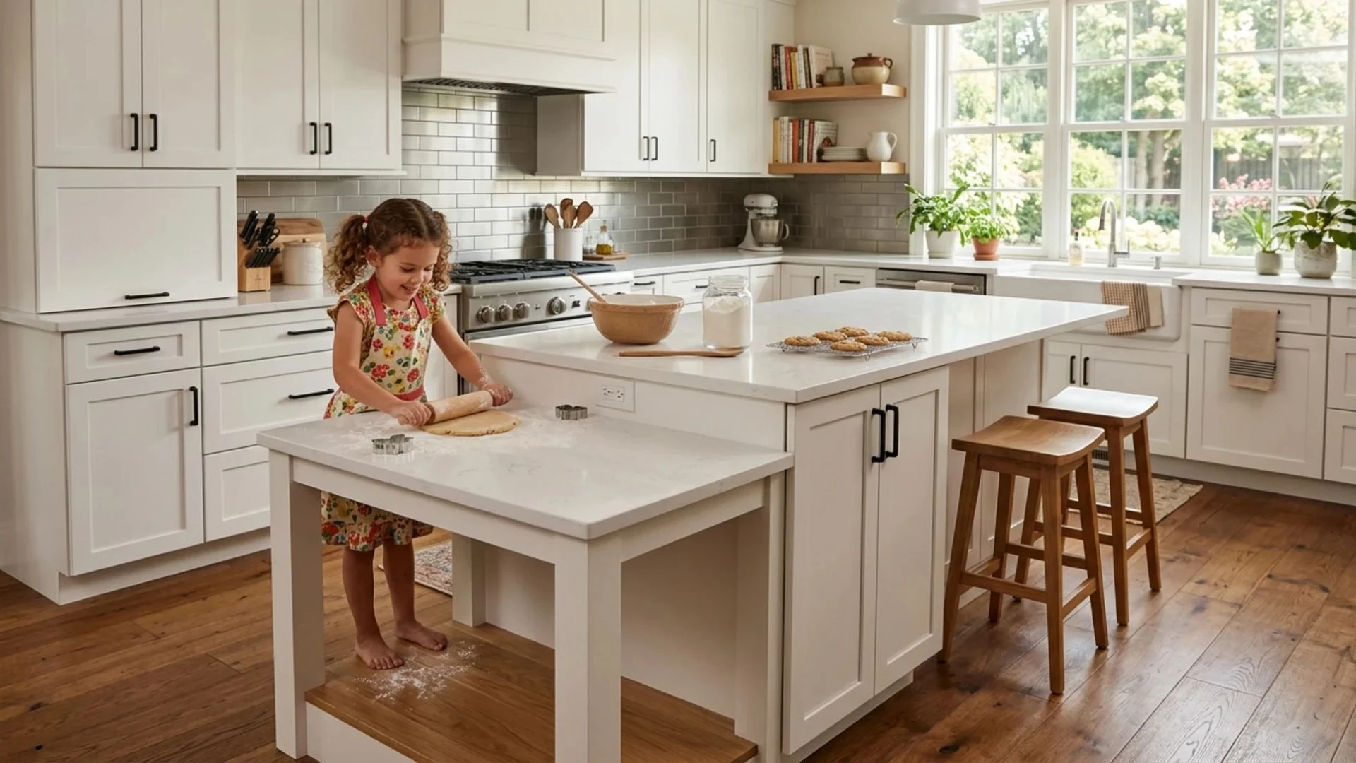lowered children's work section on white kitchen island with child rolling dough at accessible counter height