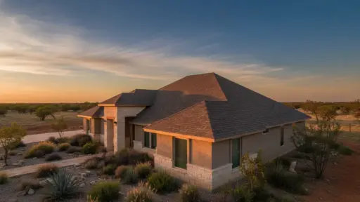 Single-story house with stone accents in arid landscape at sunset, surrounded by desert plants