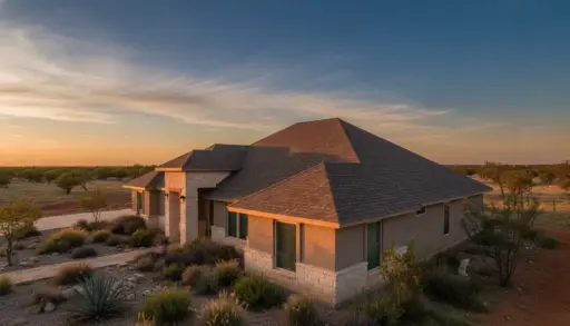 Single-story house with stone accents in arid landscape at sunset, surrounded by desert plants