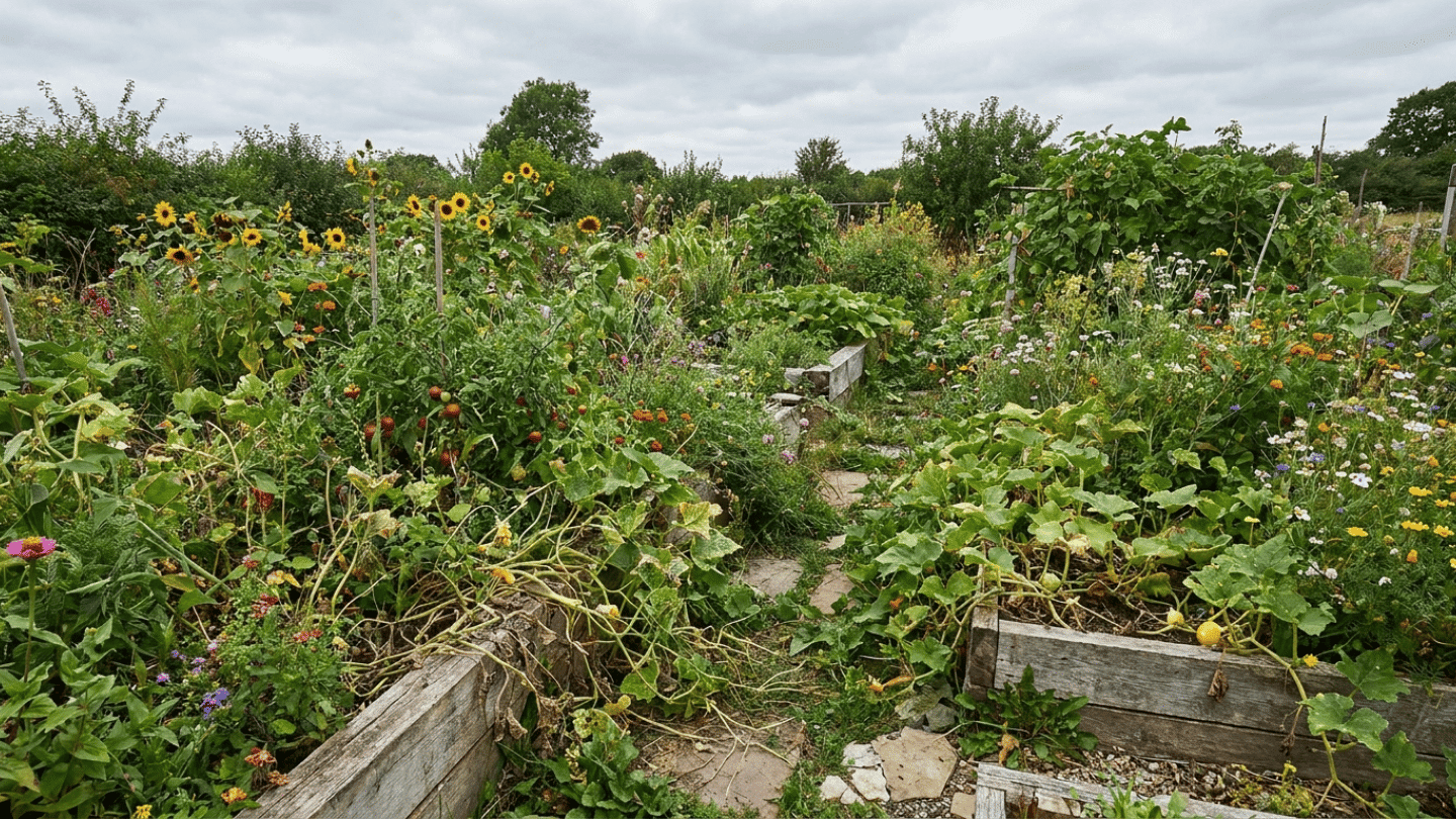 lush community garden with raised beds sunflowers flowering plants and vegetable vines under a cloudy sky