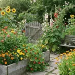lush flower garden with colorful blooms wooden gate and bench surrounded by tall sunflowers and greenery