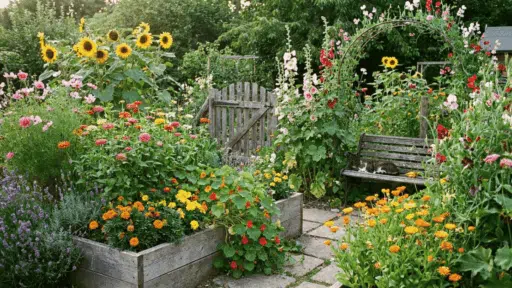lush flower garden with colorful blooms wooden gate and bench surrounded by tall sunflowers and greenery
