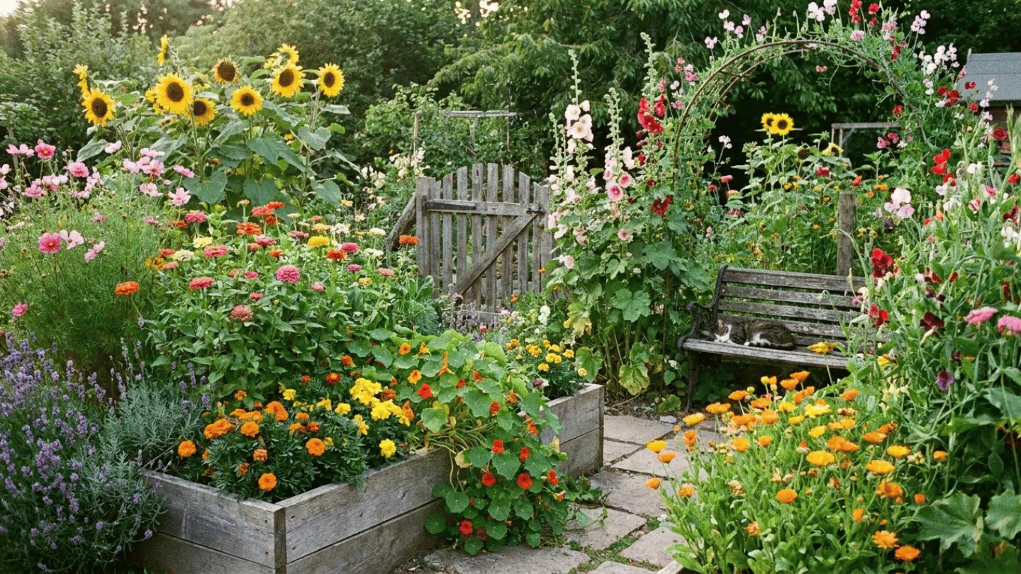 lush flower garden with colorful blooms wooden gate and bench surrounded by tall sunflowers and greenery