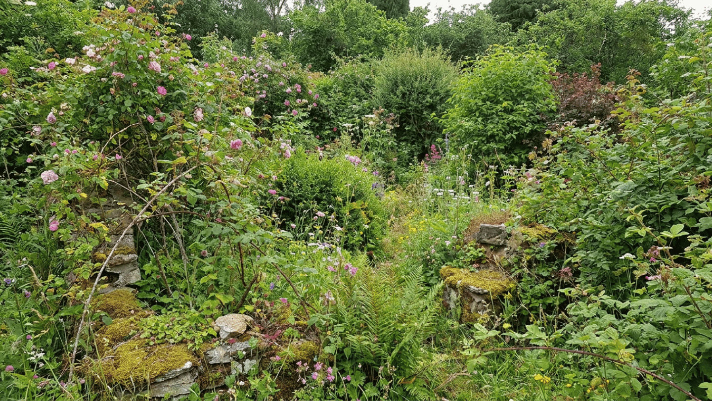 lush garden filled with green plants wildflowers and moss covered stones surrounded by dense leafy trees