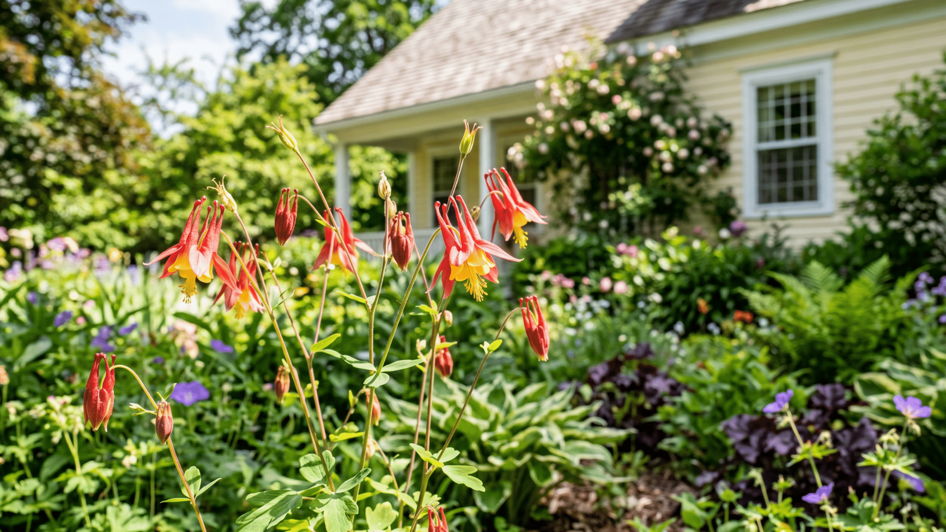 lush garden with red and yellow columbine flowers in the foreground and a yellow house with a white porch in the background.