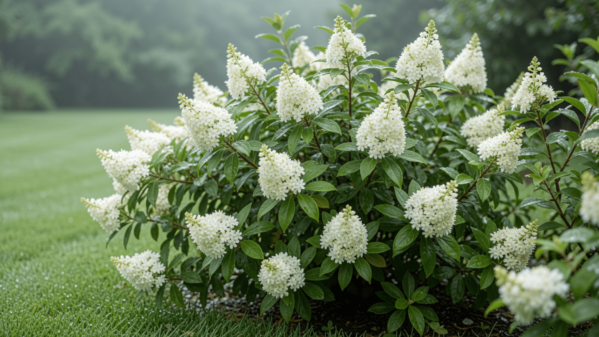 lush green lawn with a bush of summersweet full of white flowers in the foreground, and a misty forest in the background.