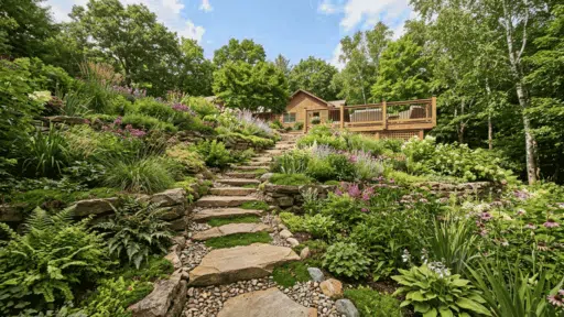 lush hillside garden with stone steps colorful flowers and layered landscaping leading to wooden deck and house