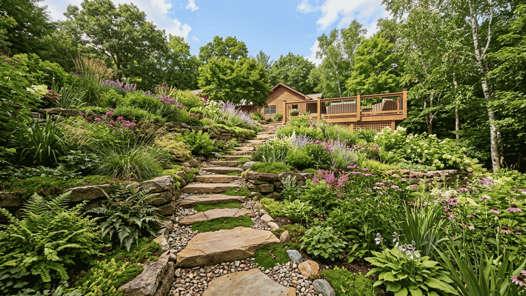lush hillside garden with stone steps colorful flowers and layered landscaping leading to wooden deck and house
