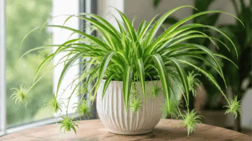 lush spider plant with long green arching leaves and baby plantlets growing in a bright indoor setting on wooden table (1)