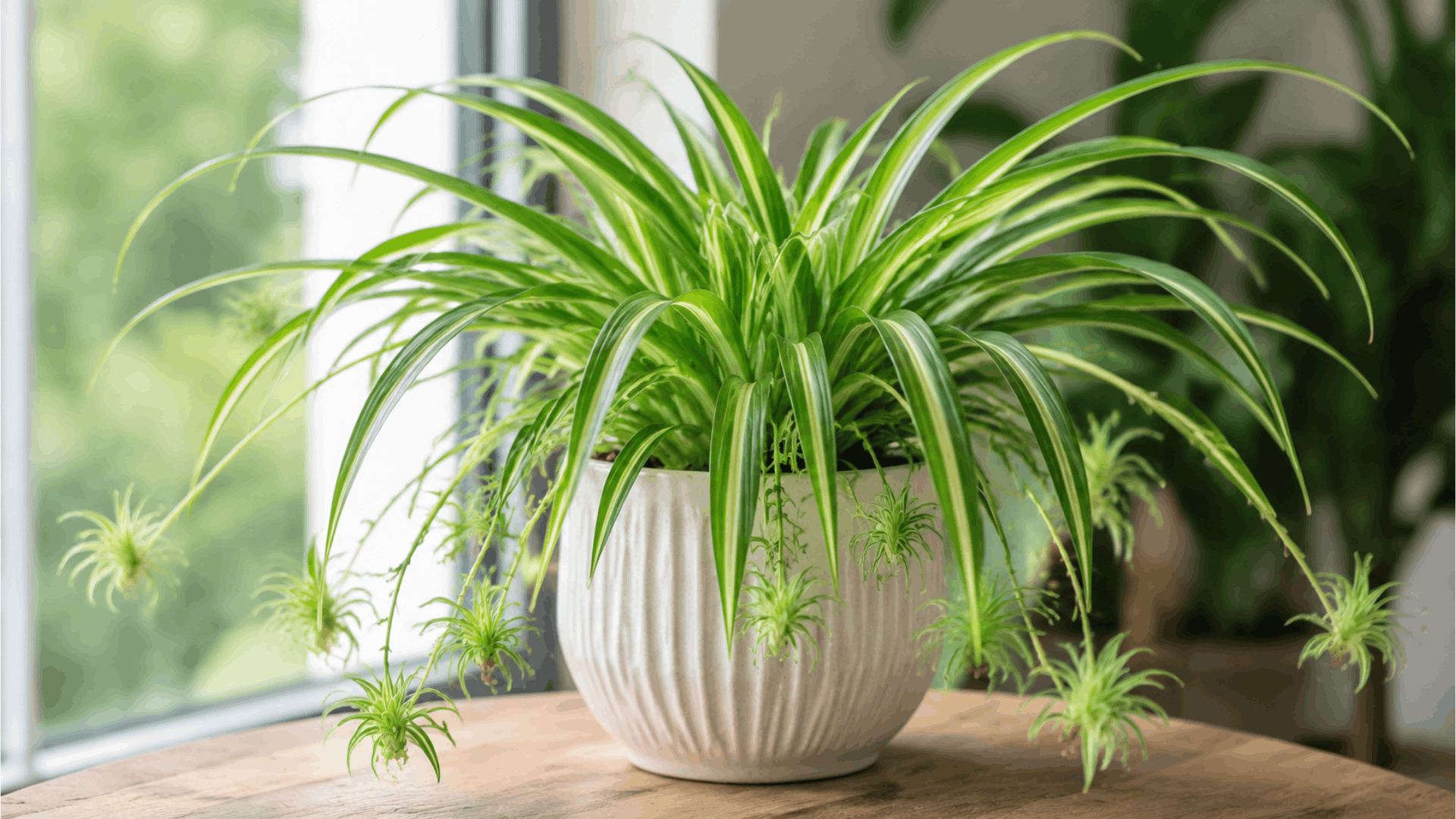 lush spider plant with long green arching leaves and baby plantlets growing in a bright indoor setting on wooden table (1)