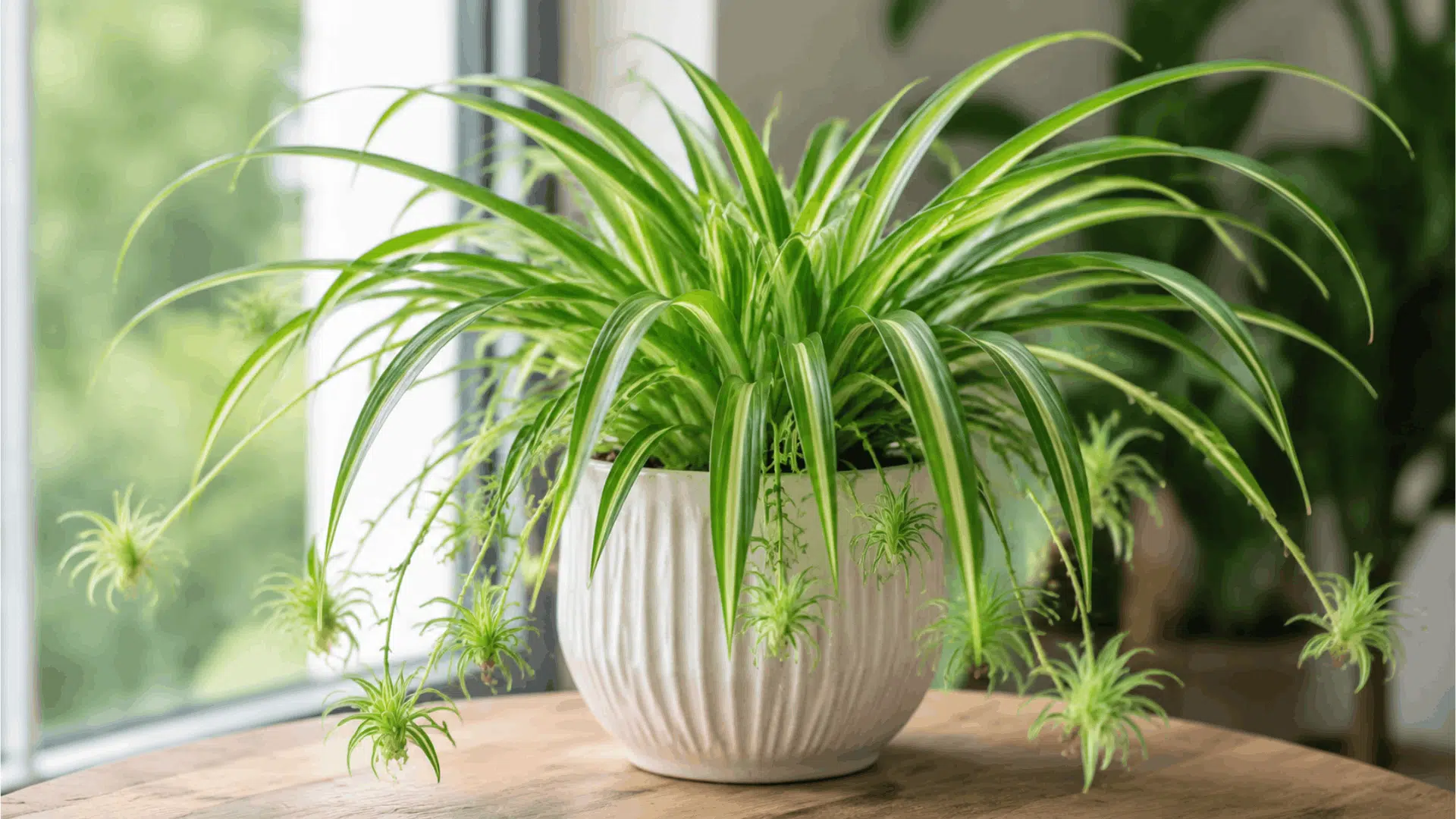 lush spider plant with long green arching leaves and baby plantlets growing in a bright indoor setting on wooden table (1)
