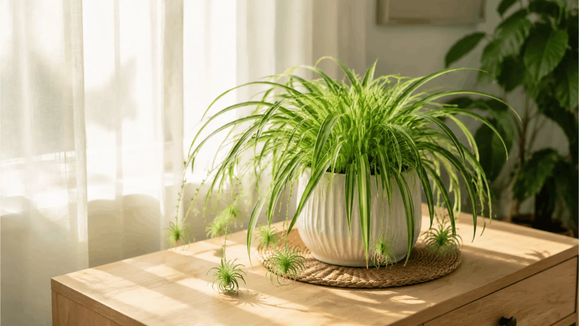 lush spider plant with long green leaves and baby plantlets on table in bright indoor sunlight through curtains (1)