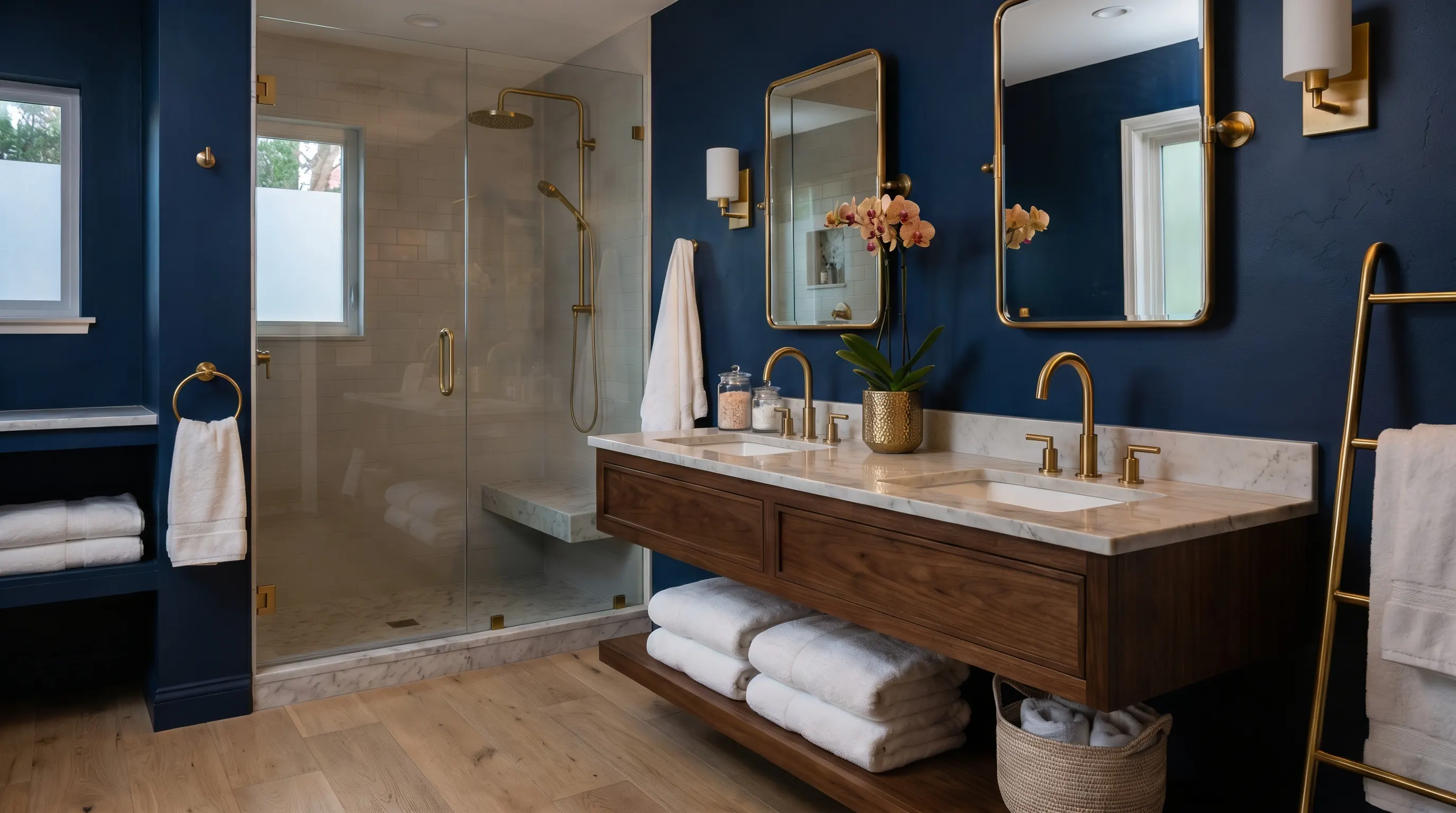 Luxurious bathroom featuring navy blue walls, a dark wood floating double vanity with marble countertop, brass fixtures, and a glass-enclosed shower
