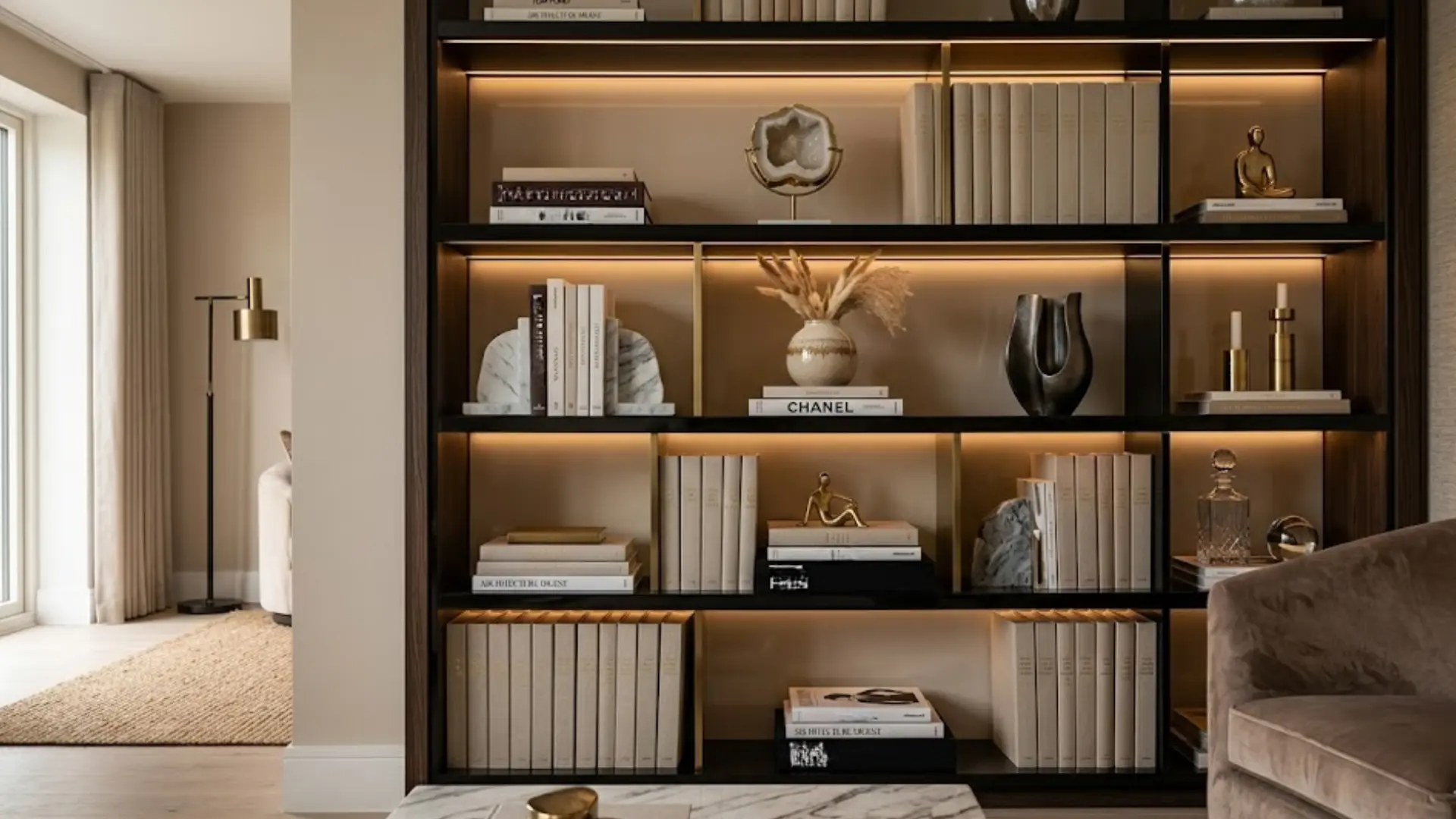 dark built-in bookshelf with led lighting, marble bookends, gold sculptures, and designer coffee table books