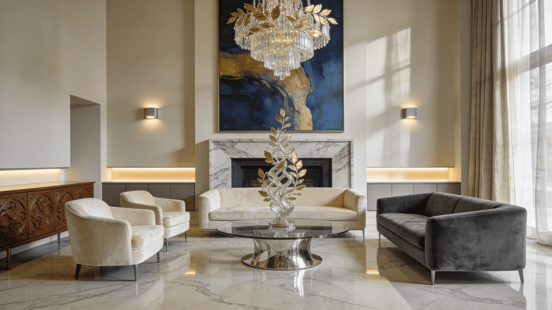 luxury drawing room with marble velvet and glass statement lighting and elegant curated high end interior design