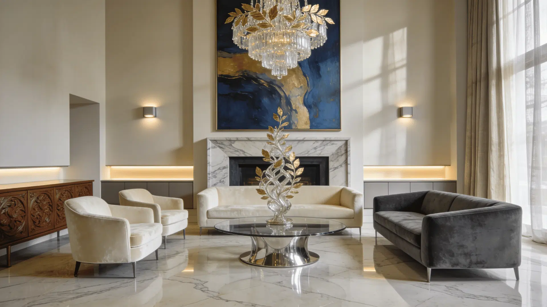 luxury drawing room with marble velvet and glass statement lighting and elegant curated high end interior design