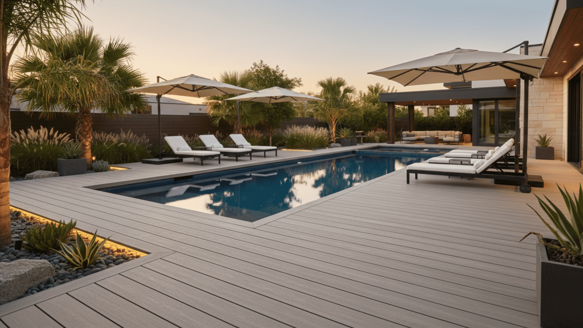 luxury poolside composite deck with lounge chairs umbrellas and soft lighting