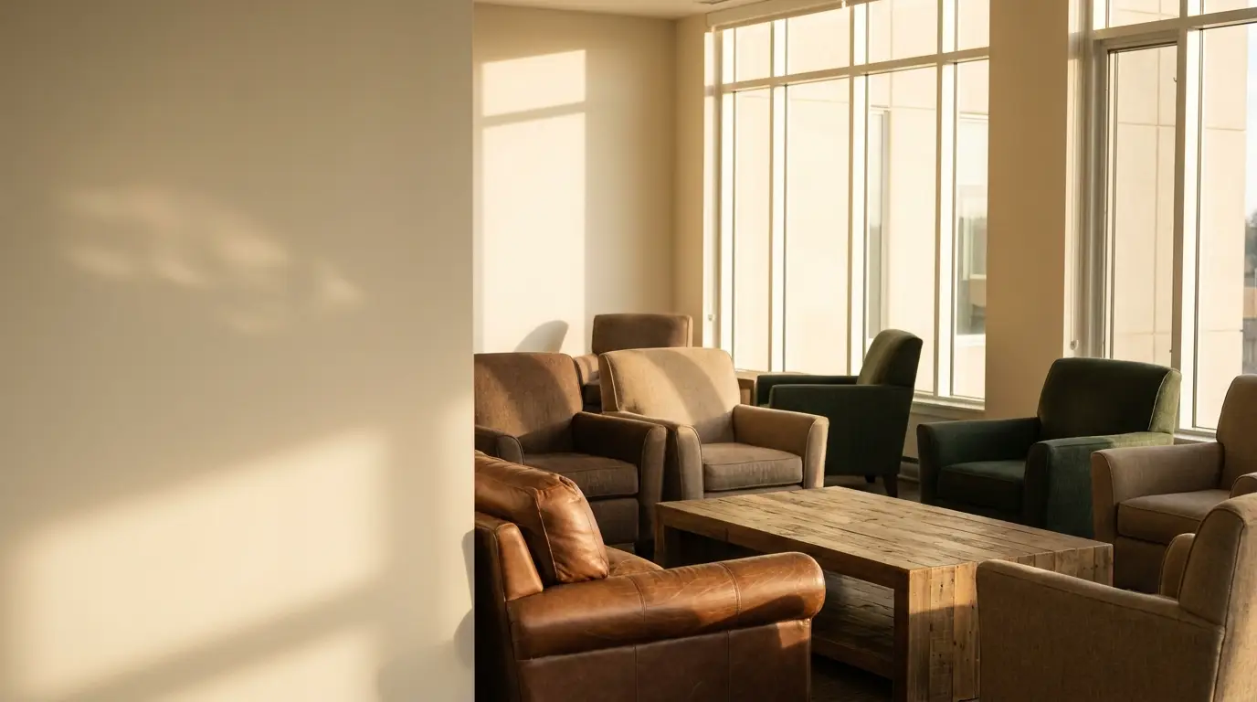Comfortable armchairs and wooden coffee table in sunlit lounge area with large windows