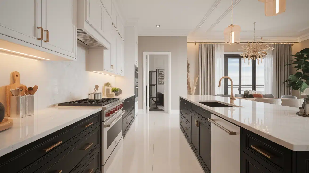 Luxury monochrome kitchen with black island, white cabinets, realistic natural lighting