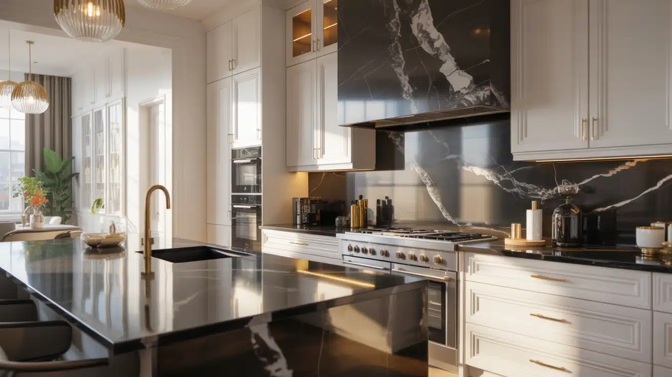 Luxury white kitchen with full slab black marble backsplash, gold hardware, and sleek black countertops