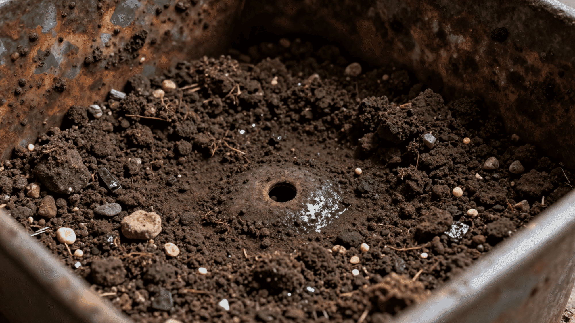 macro shot of damp dark soil mixture inside a rusted metal container with dramatic side lighting