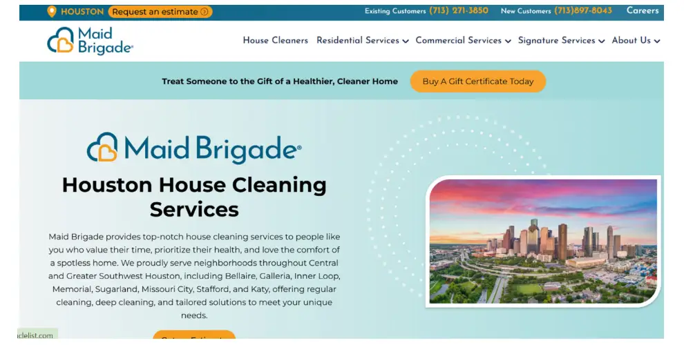 Website screenshot with company logo, service description, and Houston skyline image on blue gradient background