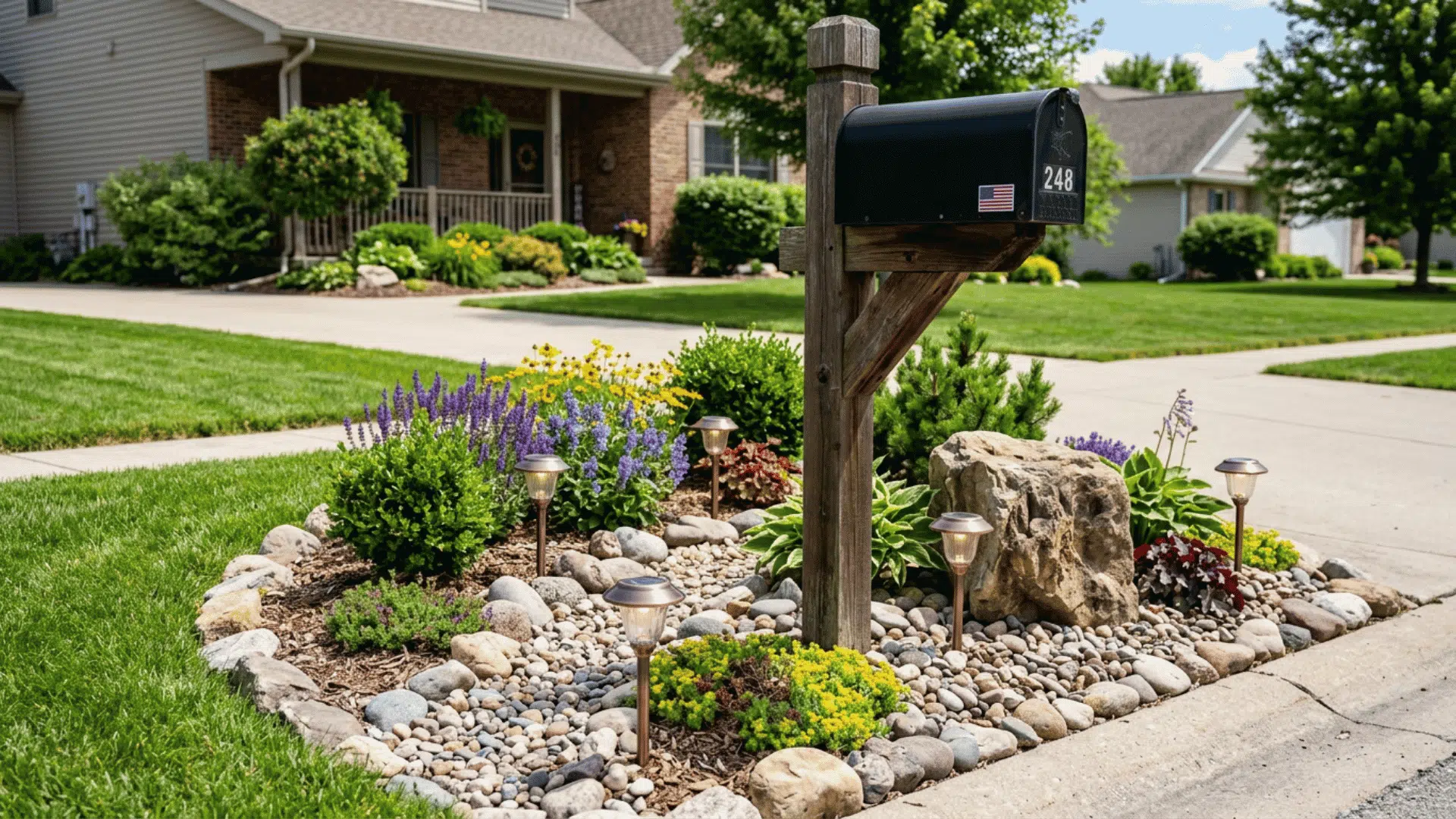 mailbox surrounded by river rocks flowering plants and landscape lights in suburban front yard