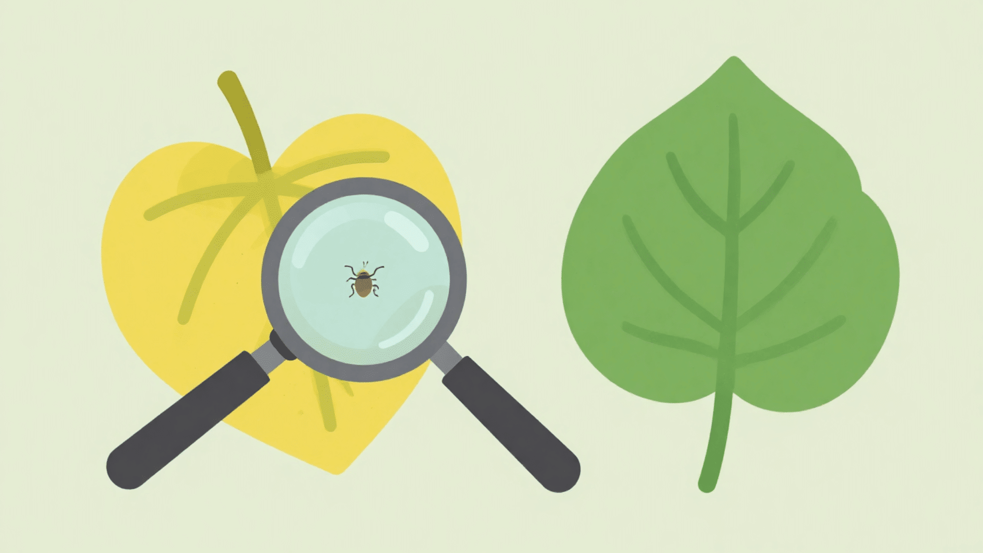 mandevilla leaf with yellowing beside a healthy leaf and a magnifying glass over a tiny pest in flat vector illustration style