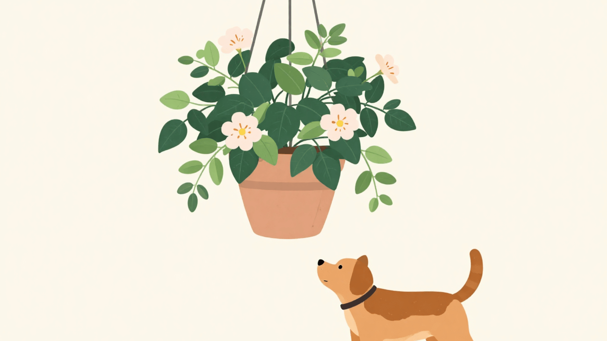 mandevilla plant in a raised hanging basket out of reach of a curious cat and dog below in flat vector illustration style