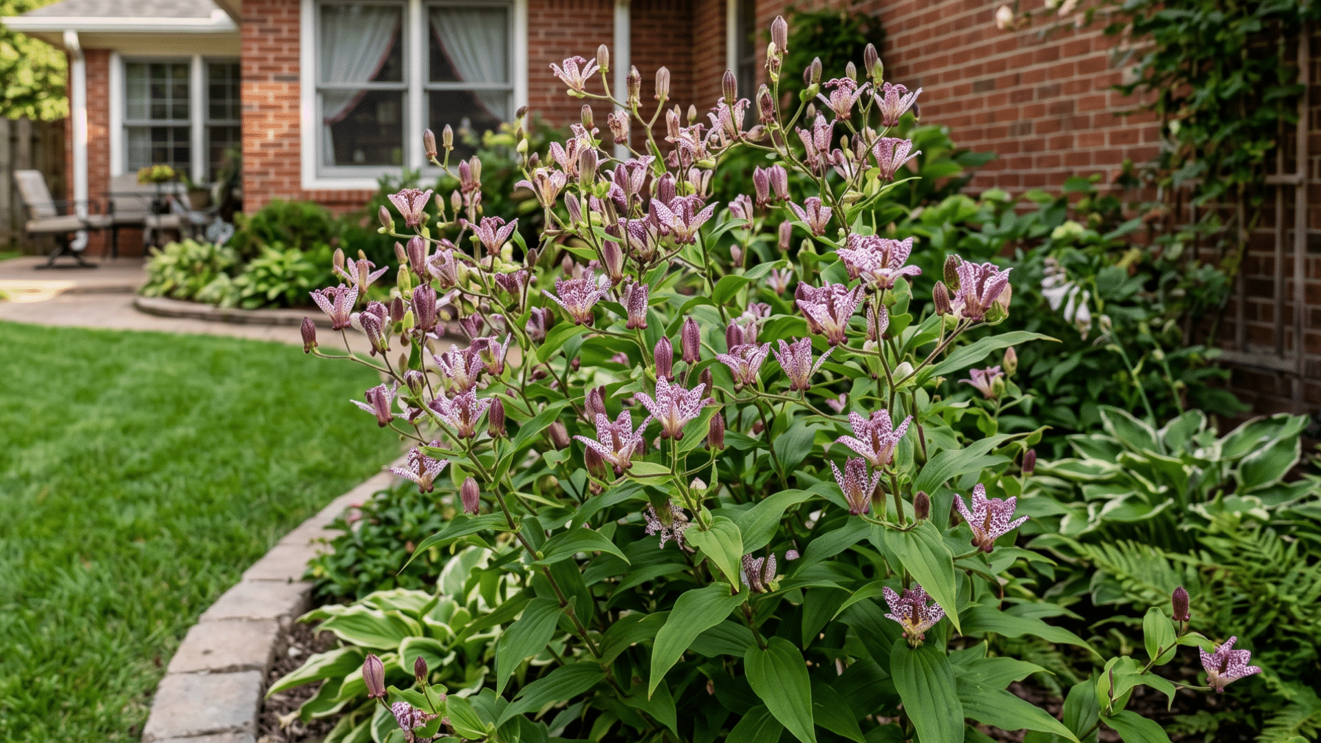 manicured backyard with a well-kept lawn, a brick house, and a flower bed featuring purple toad lily flowers and hostas.