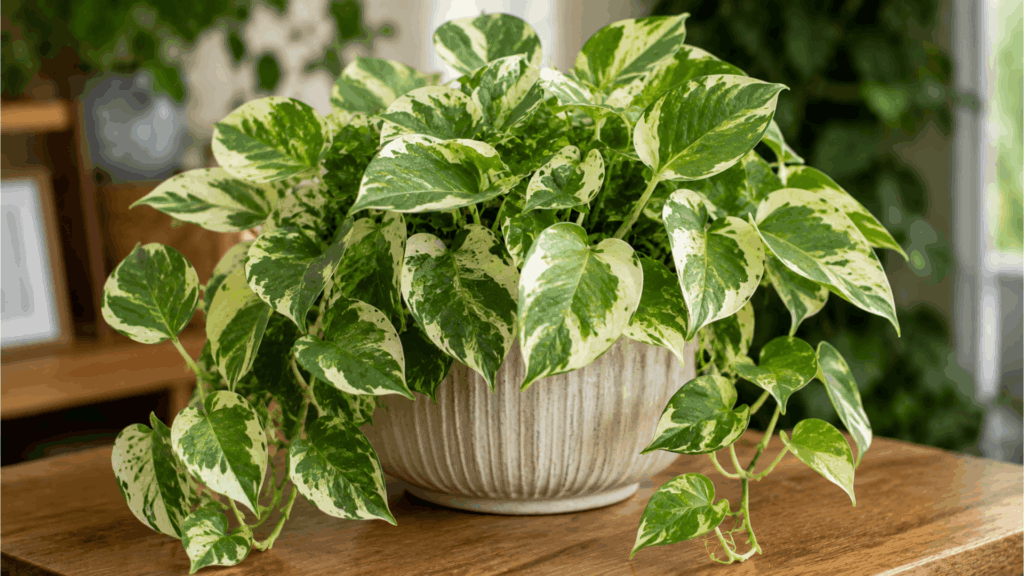 manjula pothos with cream and green variegated leaves growing in a decorative planter on a wooden table indoors