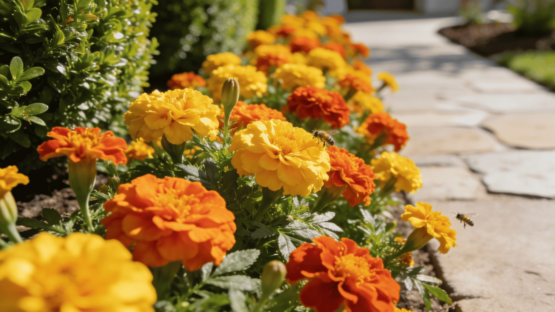 Marigold bright yellow and orange marigolds blooming beside sunny front yard walkway