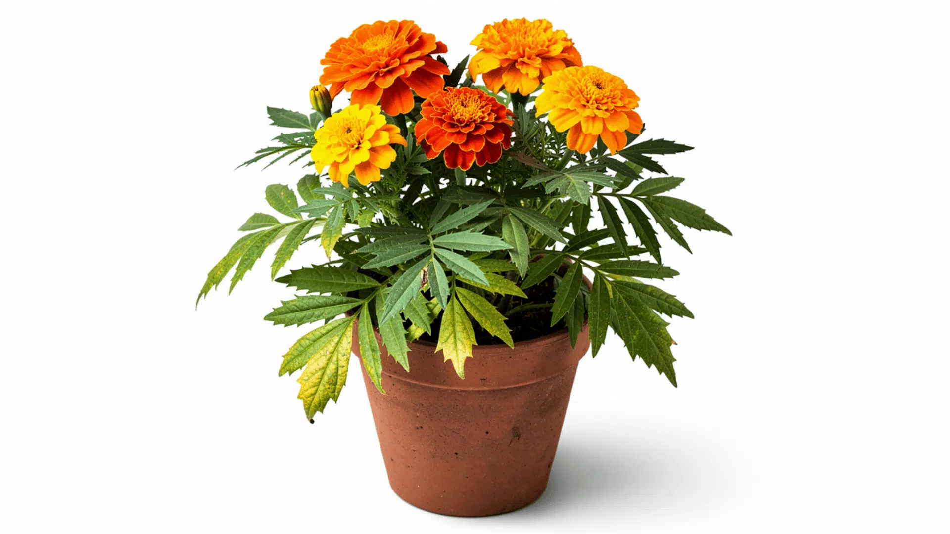 marigold plant with bright orange and yellow blooms and feathery green leaves growing in a terracotta pot on a white background