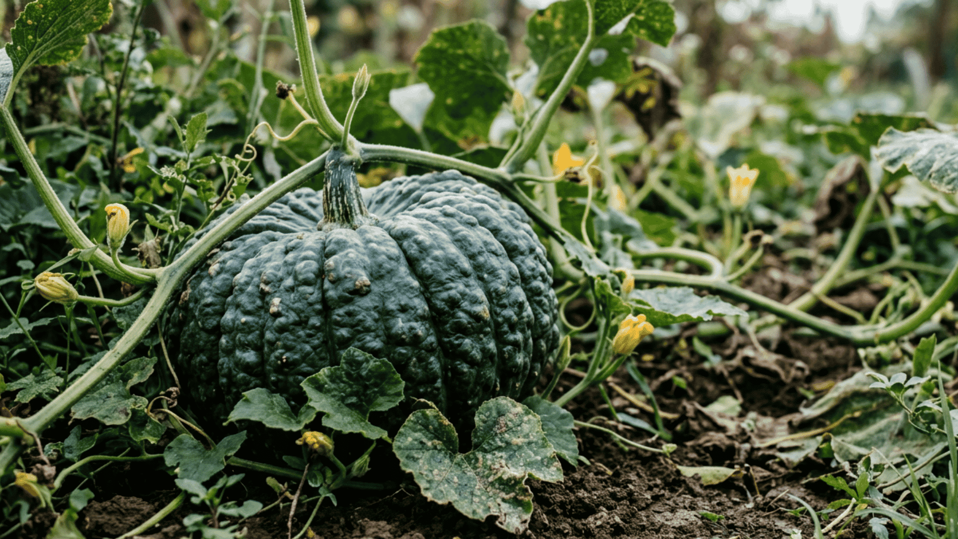 marina di chioggia pumpkin growing on dark garden soil surrounded by green vines curling tendrils and broad leaves