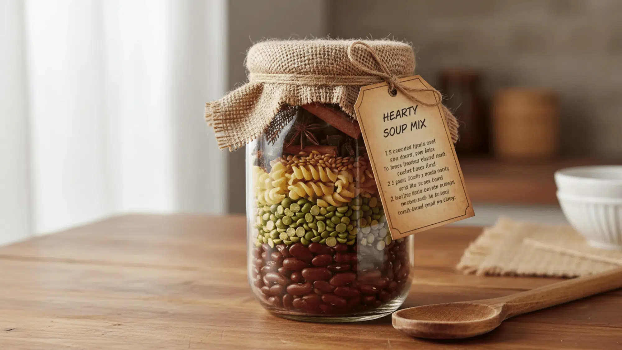 mason jar layered with beans, lentils, pasta, and spices with a recipe card tied on