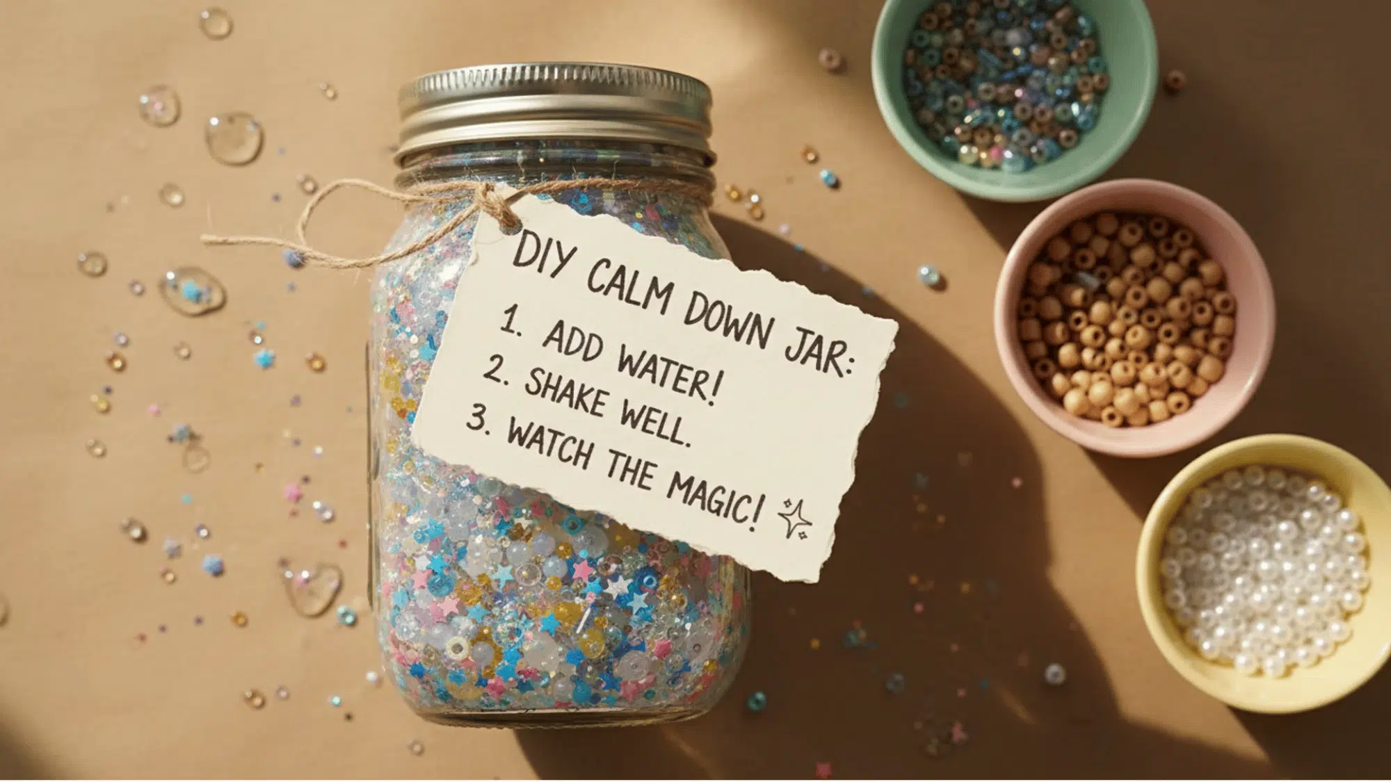 mason jar slime kit with glitter and glue, instruction card tied to the lid