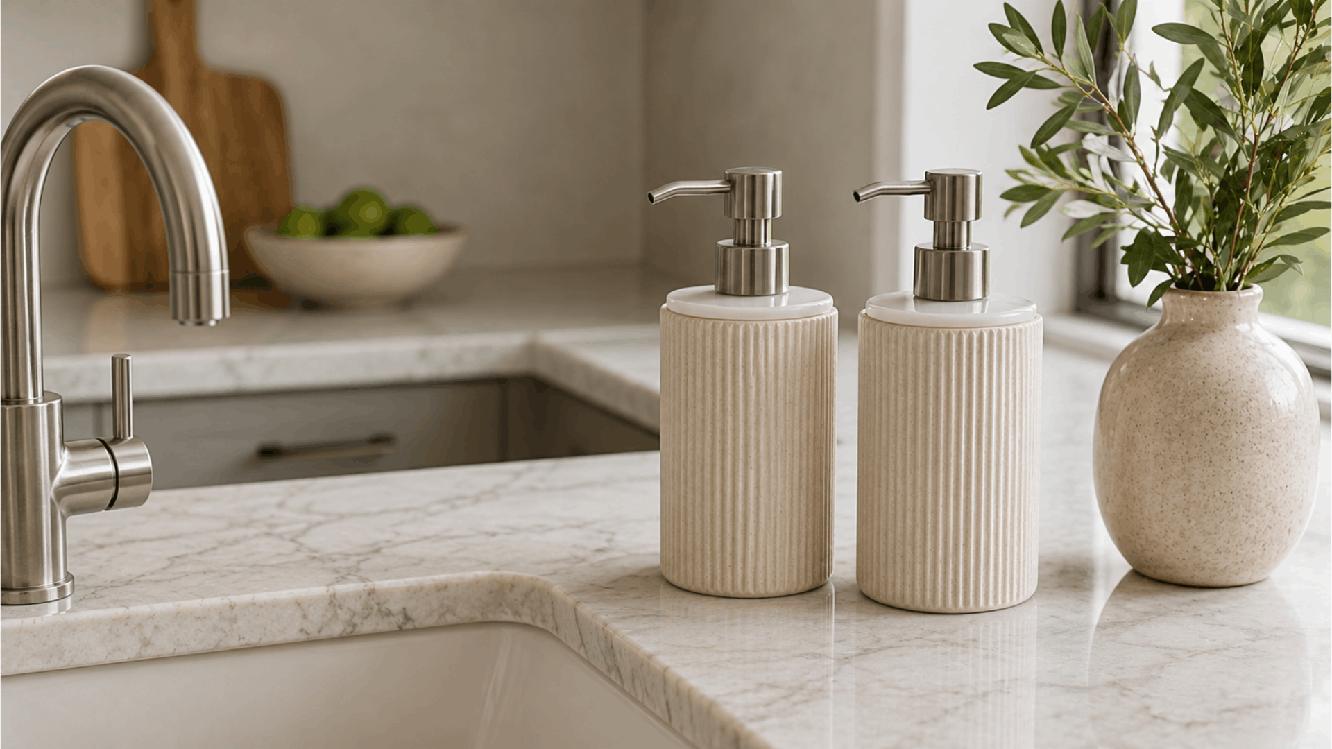 matching soap and lotion dispensers on a marble bathroom counter beside a sink with a decorative plant vase (1)