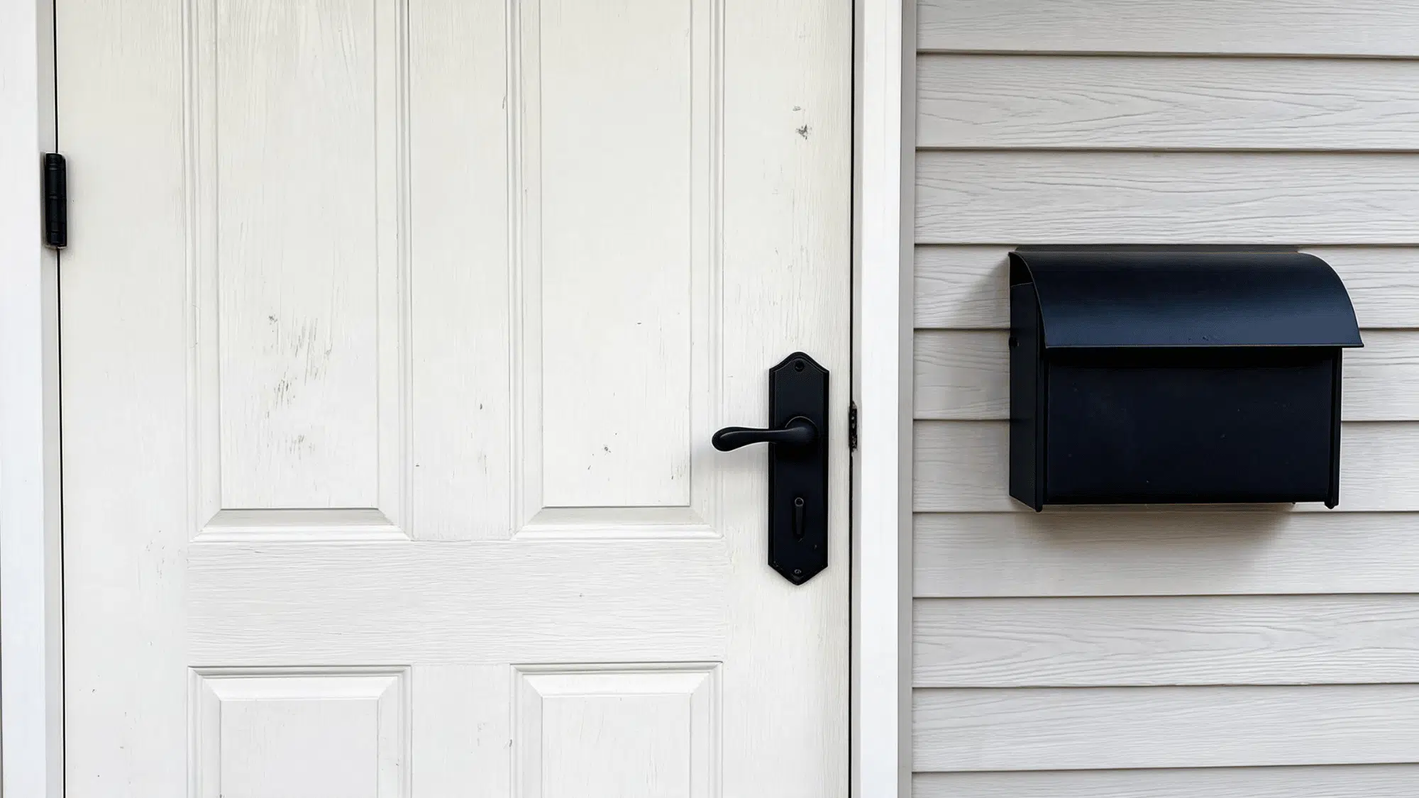 matte black door handle and wall mailbox on a realistic painted front door with minor smudges in diffused daylight