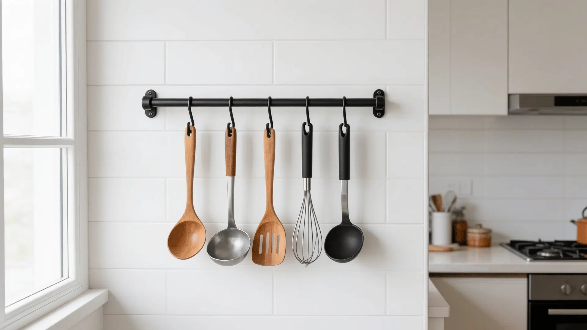 matte black kitchen utensil rail with s hooks holding ladle wooden spoon spatula whisk and tongs on white tile wall