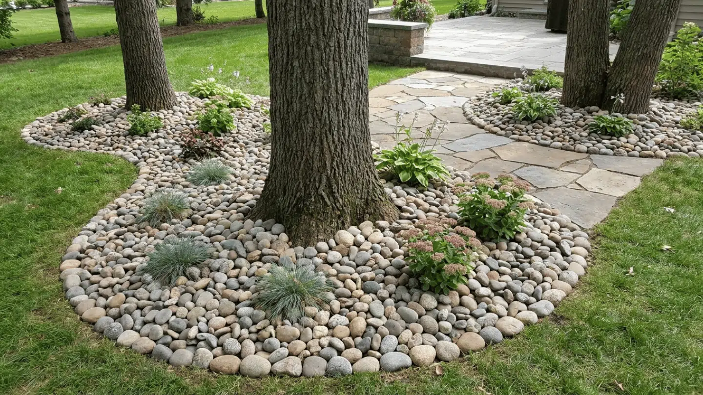 mature trees surrounded by smooth river rocks flowering plants and curved stone walkway in landscaped yard