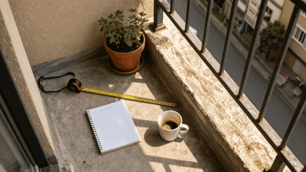 measuring tape notepad and cup of coffee sit on a balcony floor next to a potted plant