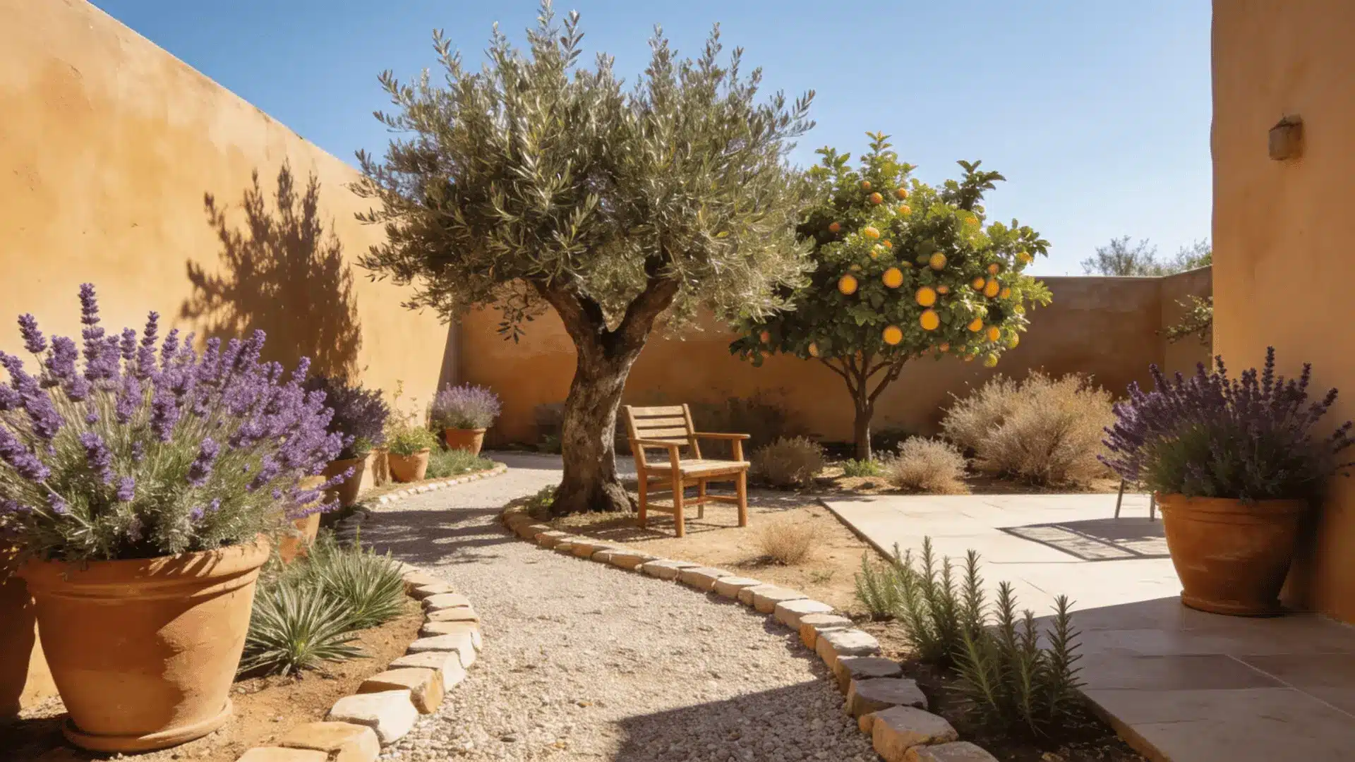 warm mediterranean garden with lavender pots an olive tree orange tree wooden chair and curved gravel path