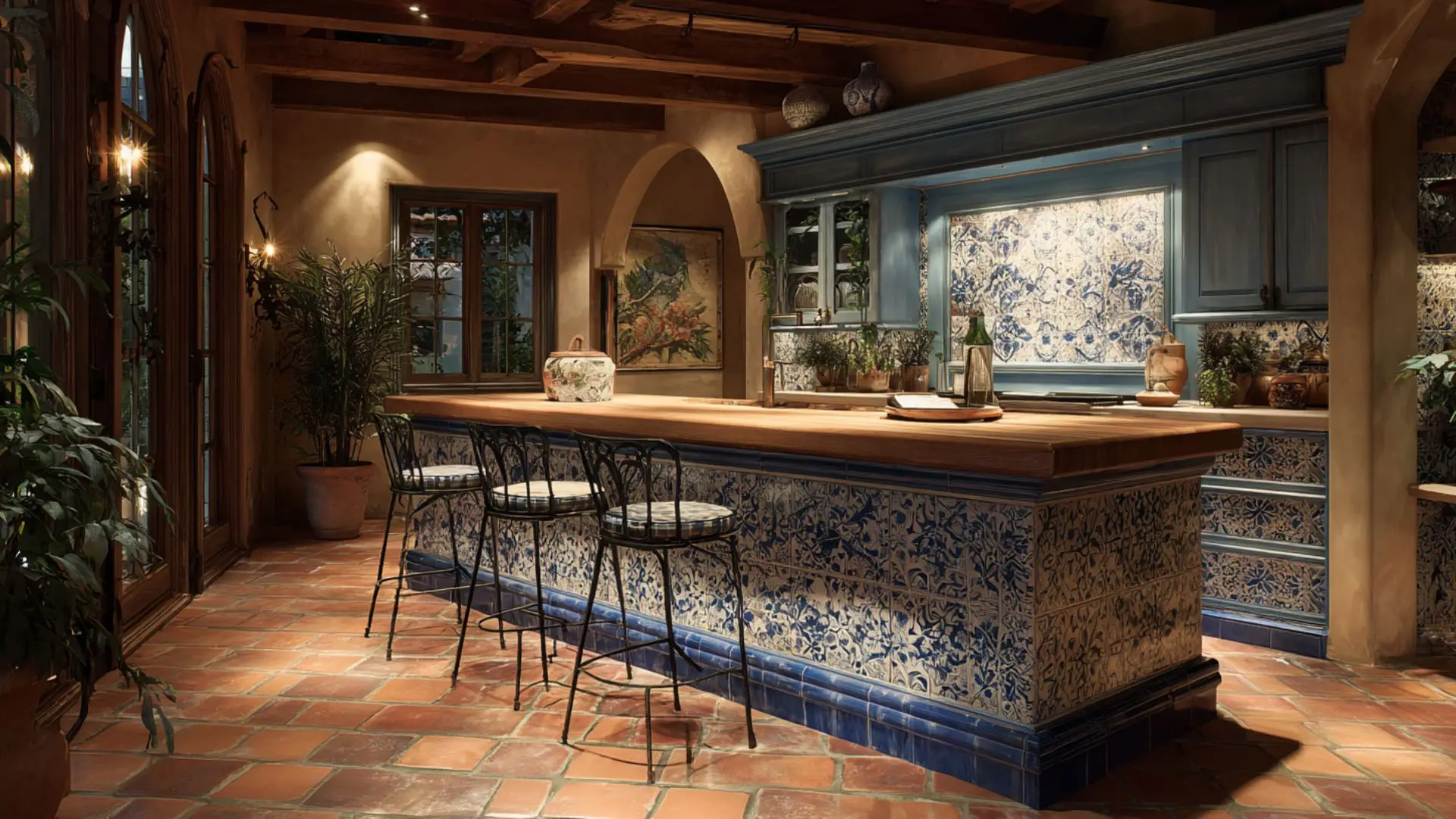 mediterranean kitchen island base fully clad in blue and white hand-painted tiles with thick wood countertop