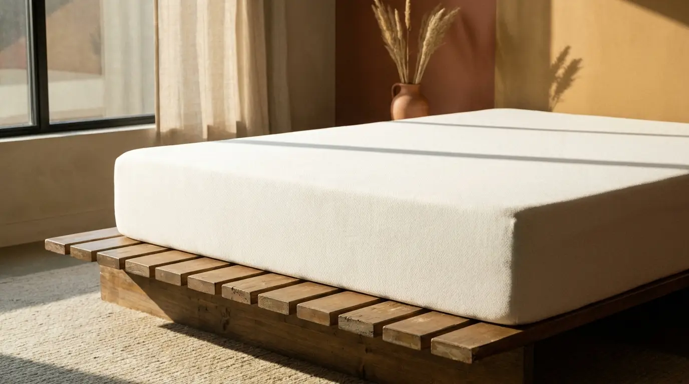 Mattress on wooden platform bed in sunlit room with terracotta wall and pampas grass vase