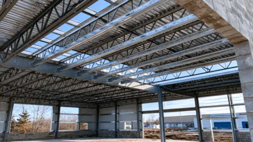 metal roof purlins spanning across trusses during construction of a steel building