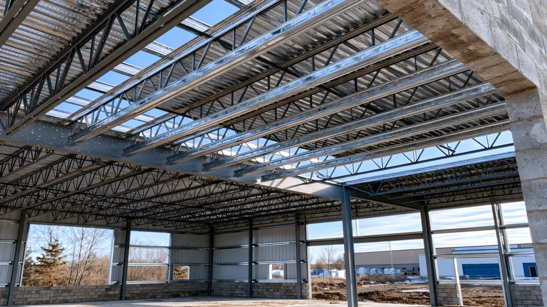 metal roof purlins spanning across trusses during construction of a steel building