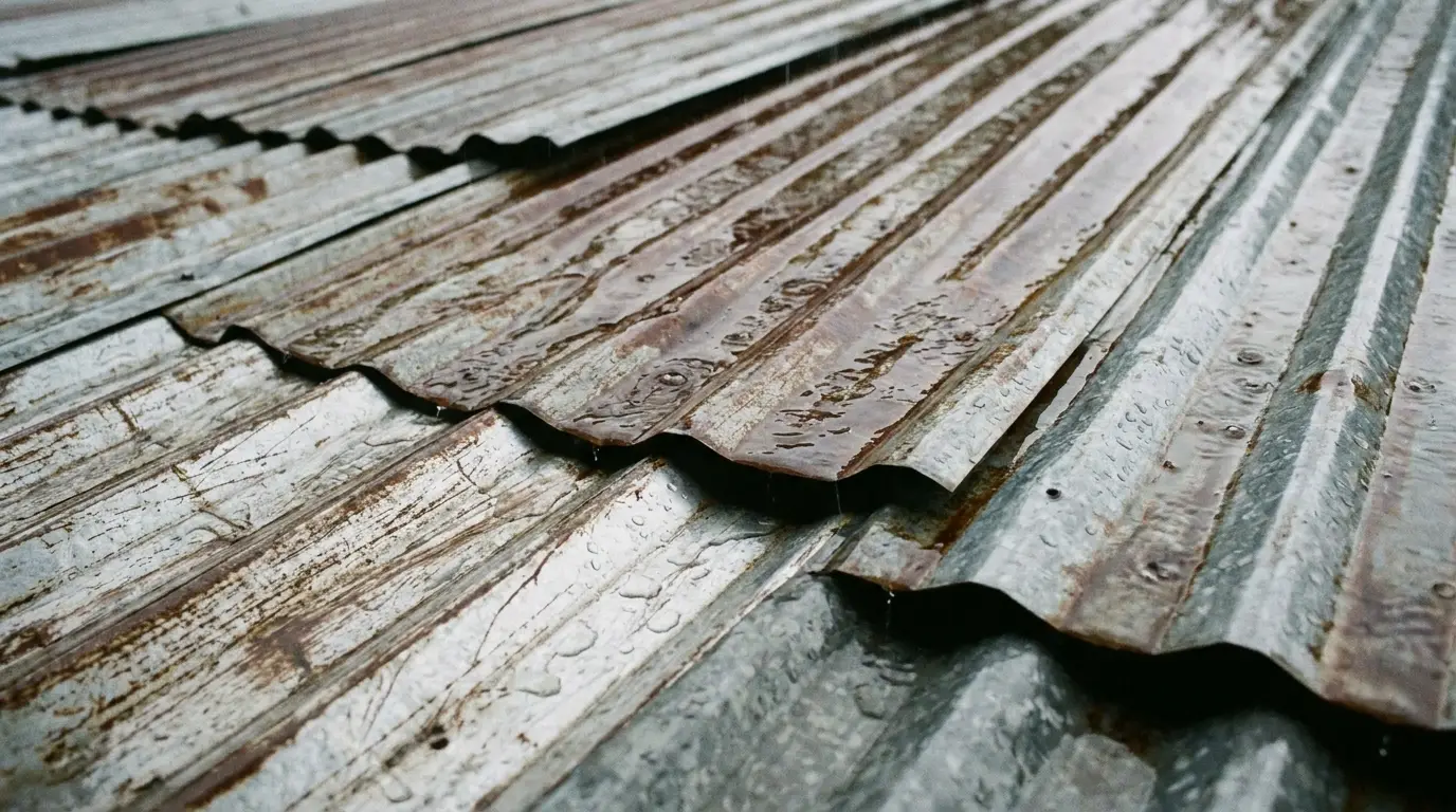 Rusty corrugated metal sheets with rain droplets in an outdoor setting