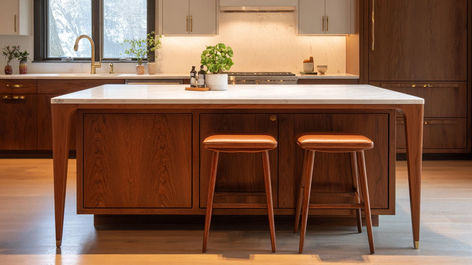 mid-century modern kitchen island with tapered walnut legs, flat-panel doors and two leather-seat bar stools